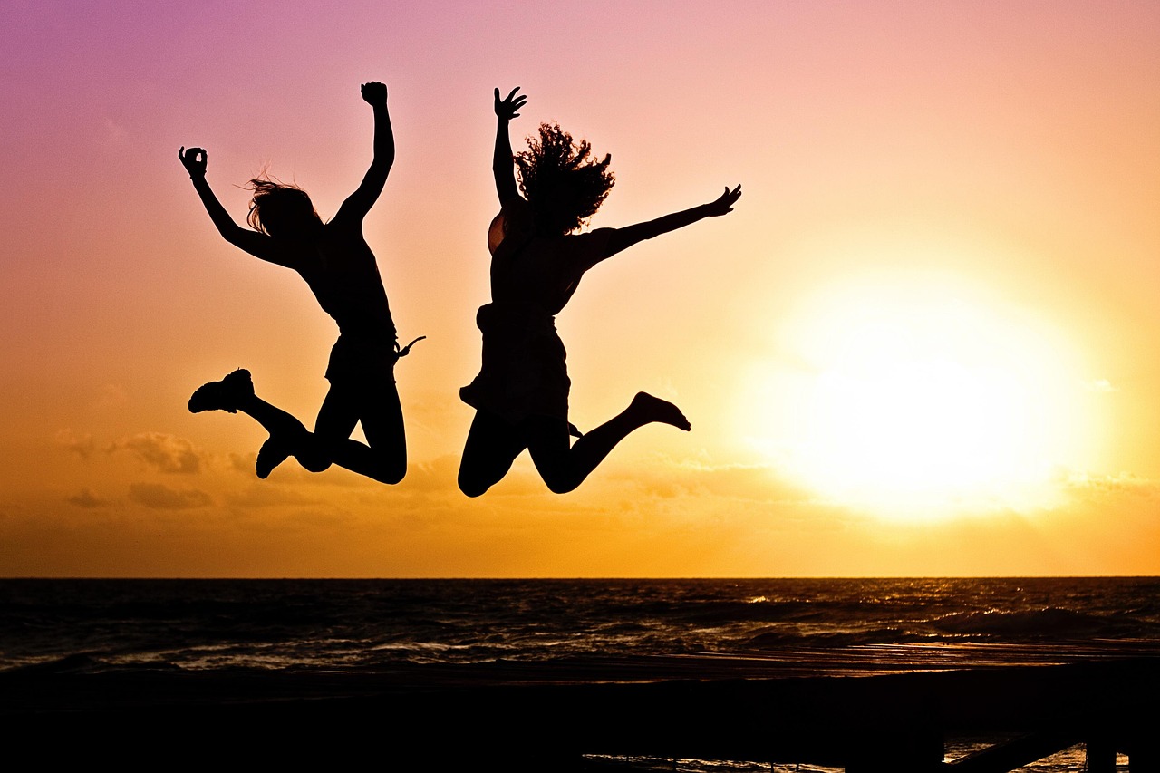 A silhouette of a person jumping in the air against a sunset sky representing freedom