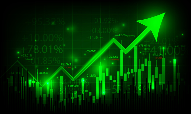 Green stock market chart with an upward arrow and bar graphs.