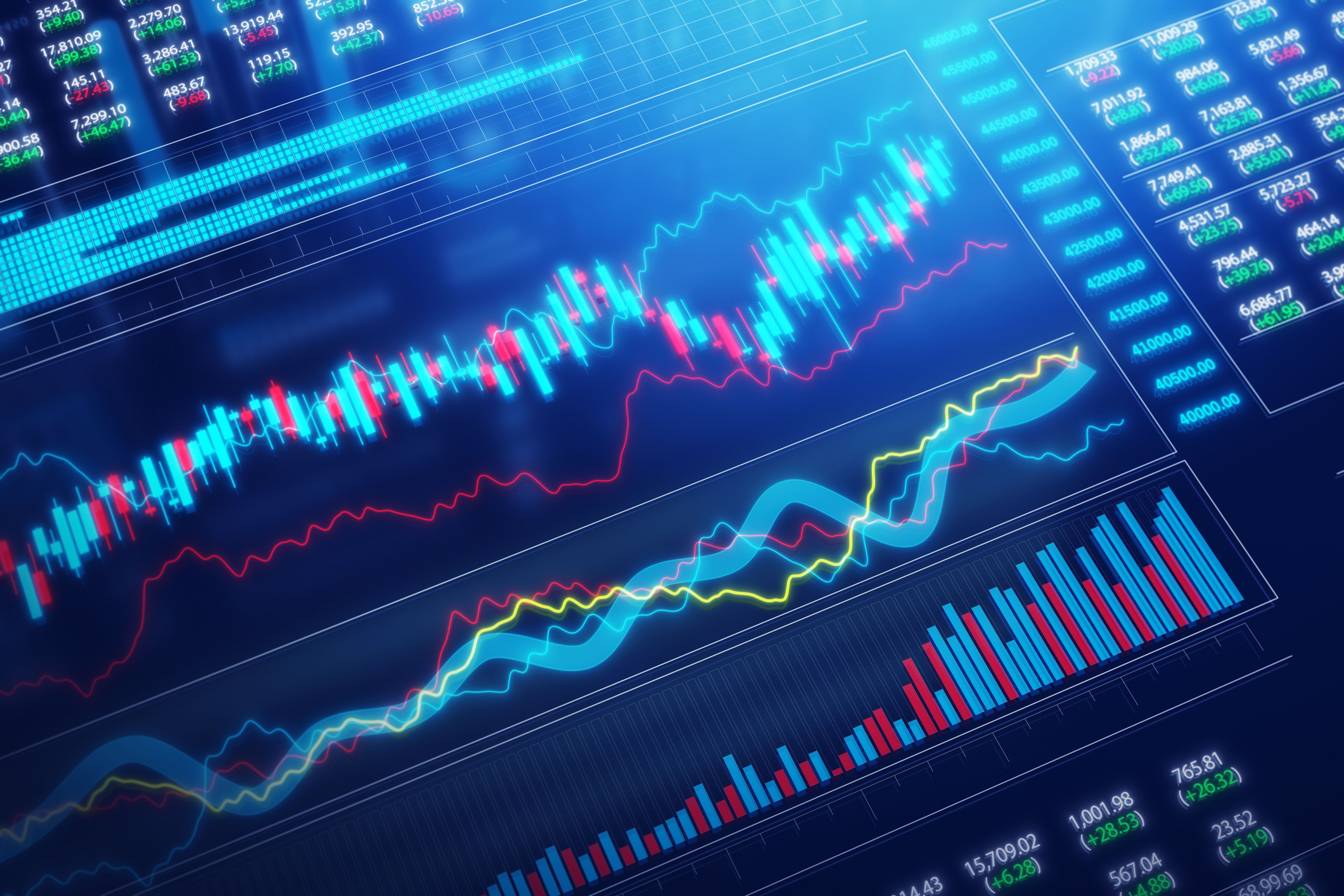 A close-up of a digital stock market board showing rising and falling numbers in a trading floor environment.