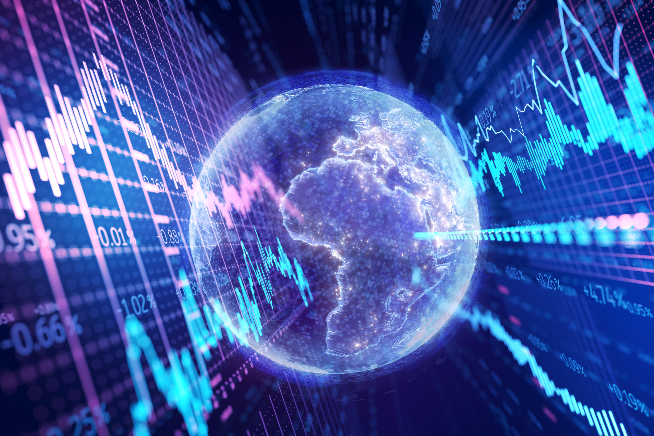 Digital representation of a globe flanked by rising and falling stock market charts, symbolizing global equity markets.