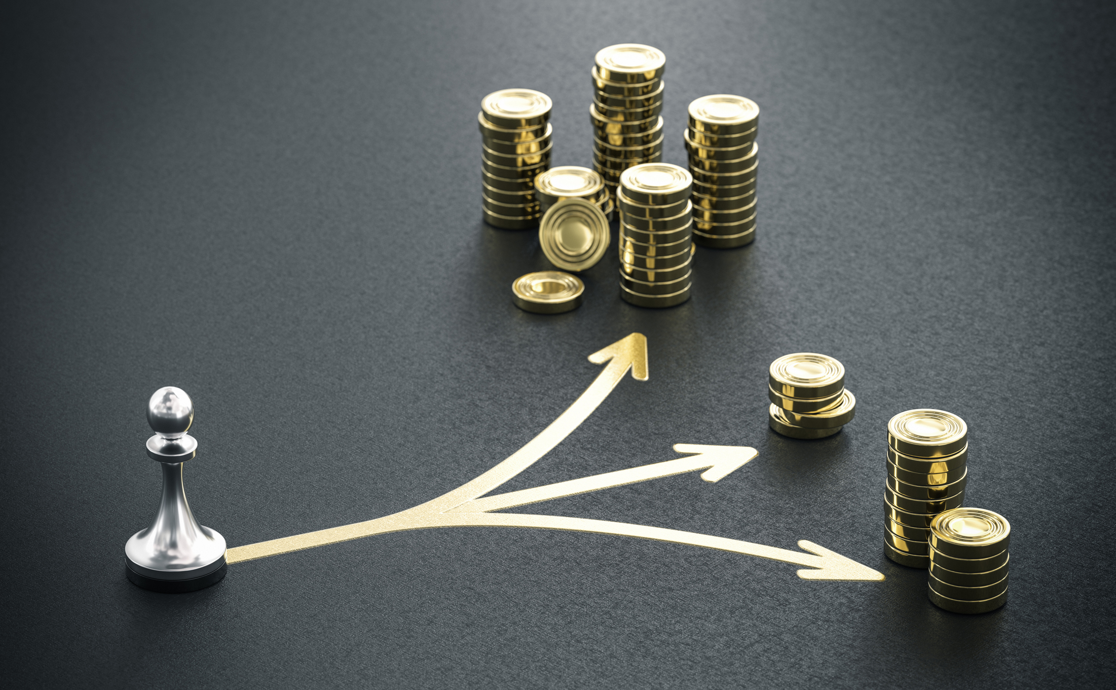 A black pawn piece surrounded by gold coins with rising arrows symbolizing portfolio diversification.
