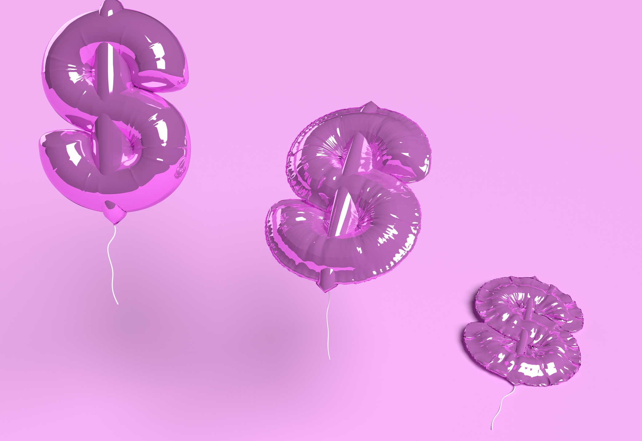 Three purple balloons shaped as dollar signs floating against a solid purple background.