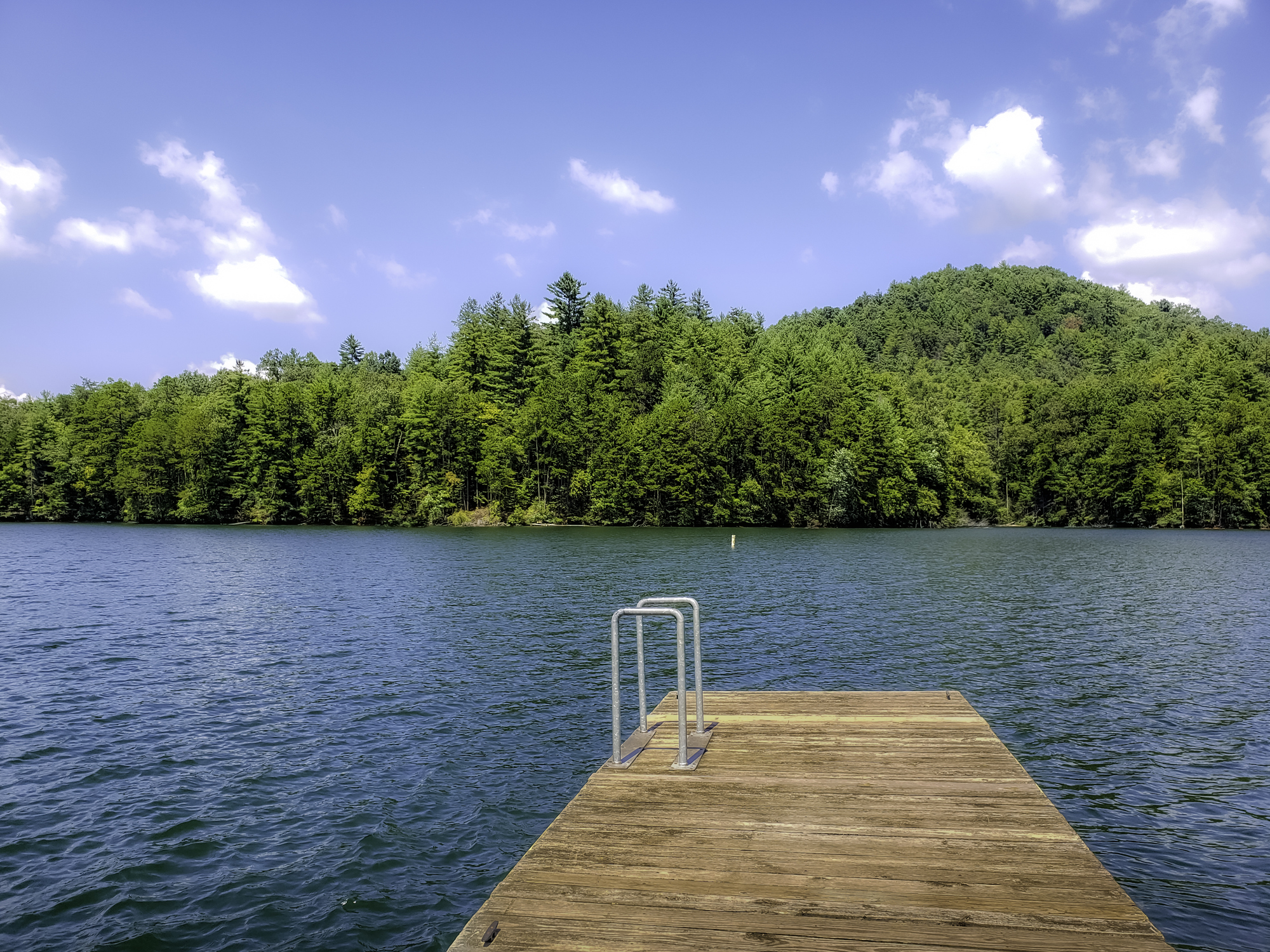 The calm waters of the Nantahala National Forest surrounded by lush summer greenery.