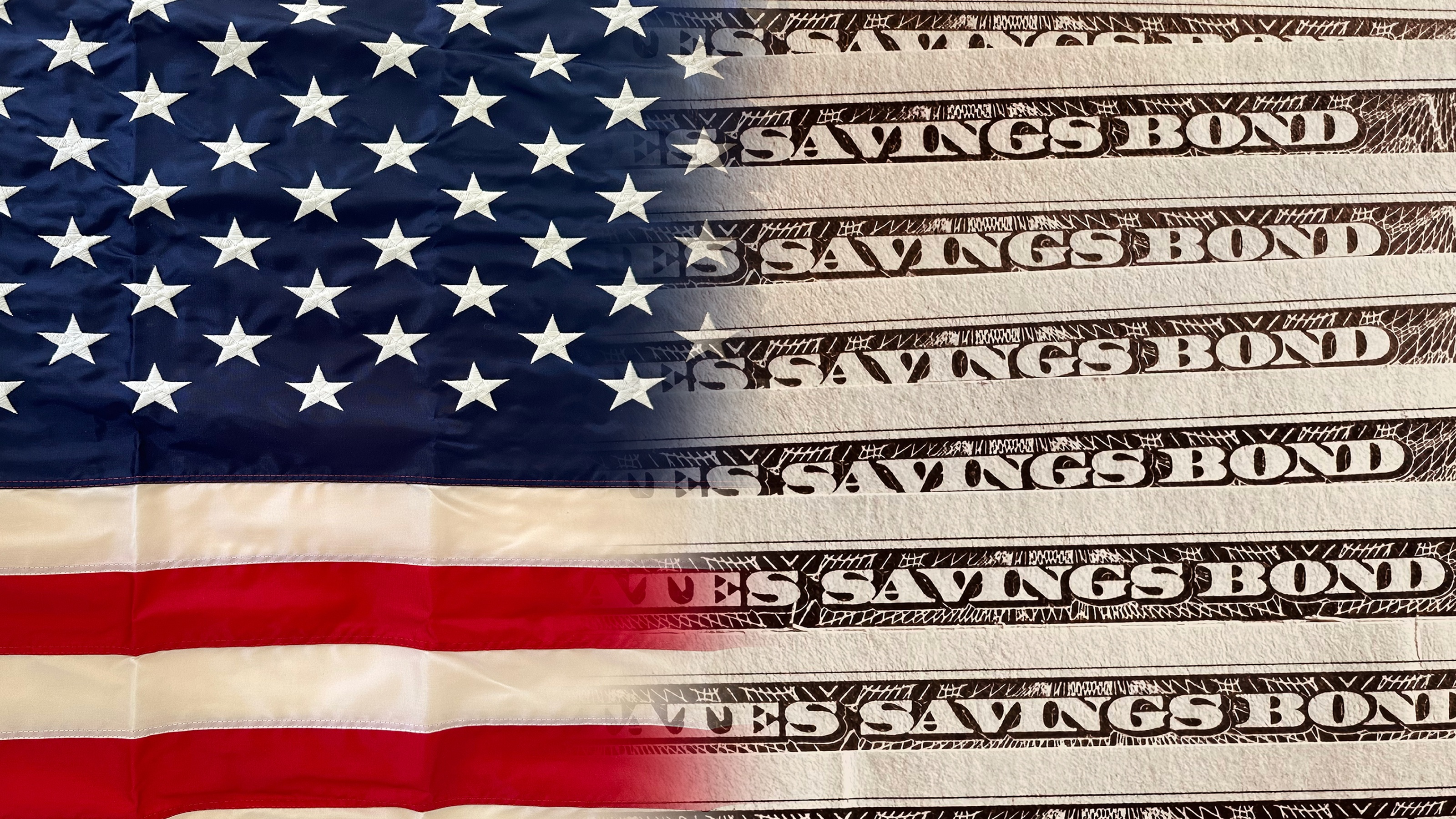 A close-up of United States Savings Bonds resting near the stars and stripes of an American flag.