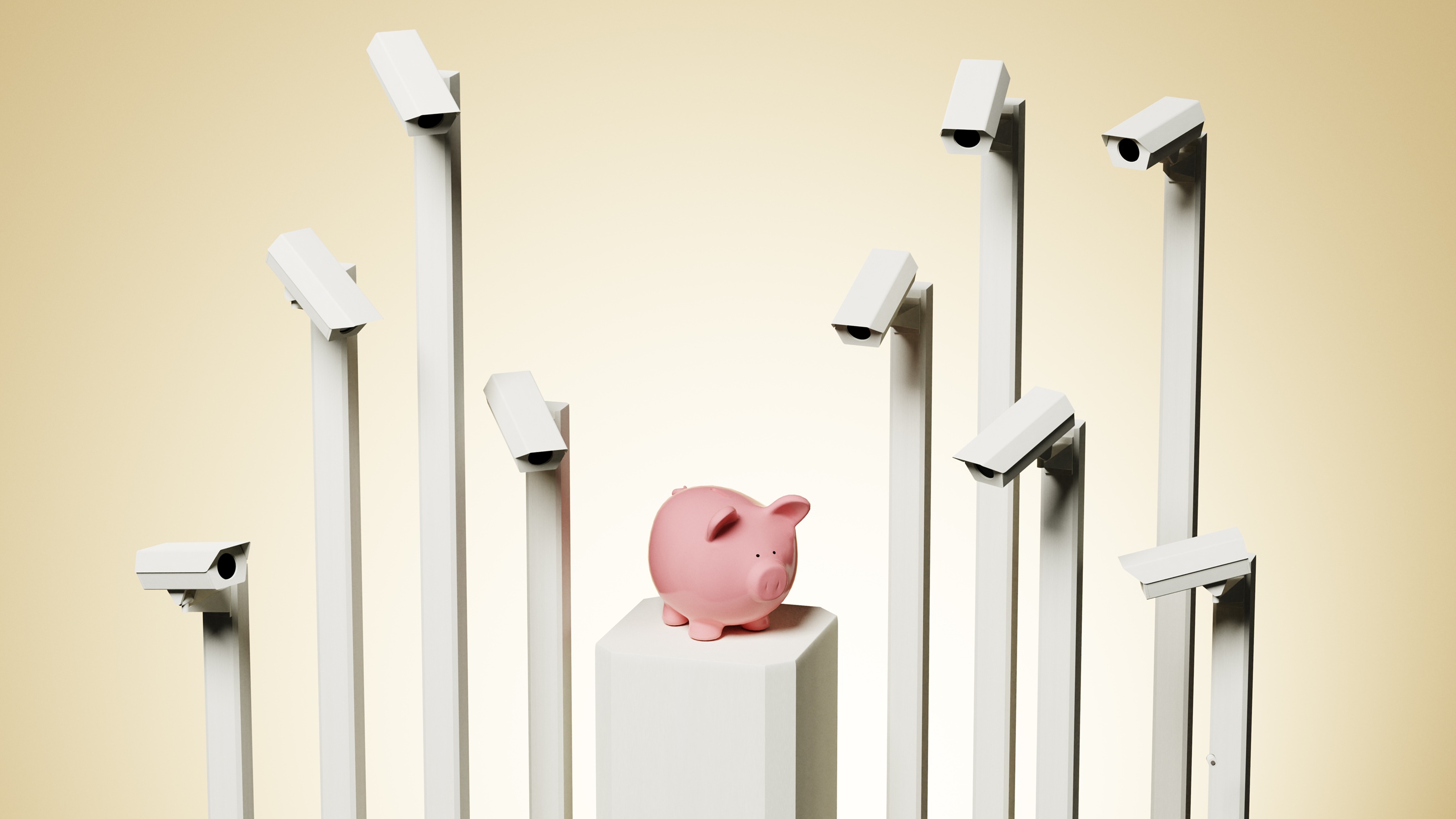 A pink piggy bank on a pedestal monitored by professional security cameras.