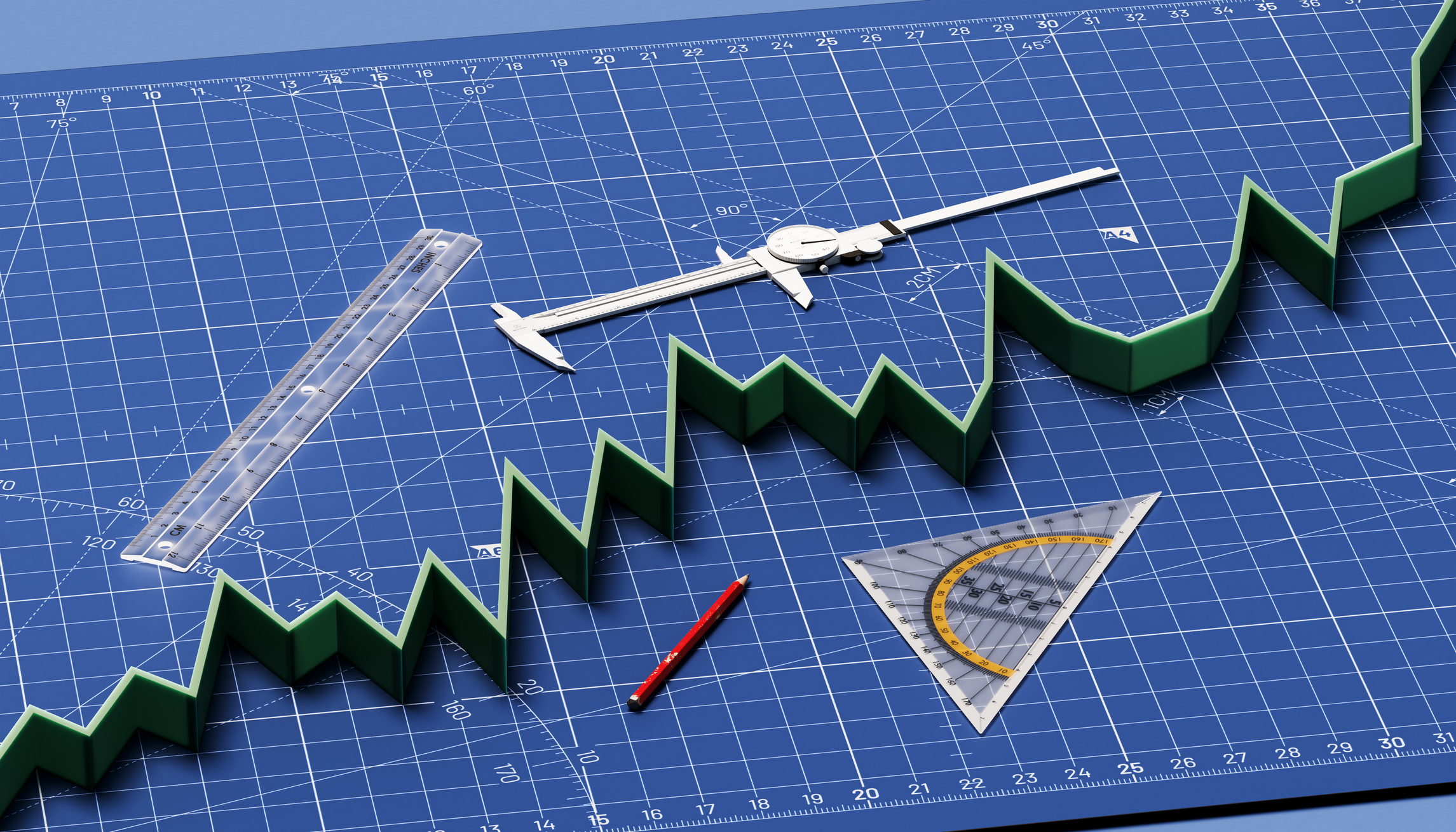 A 3D growth chart placed on a technical blueprint with architectural measurement tools.