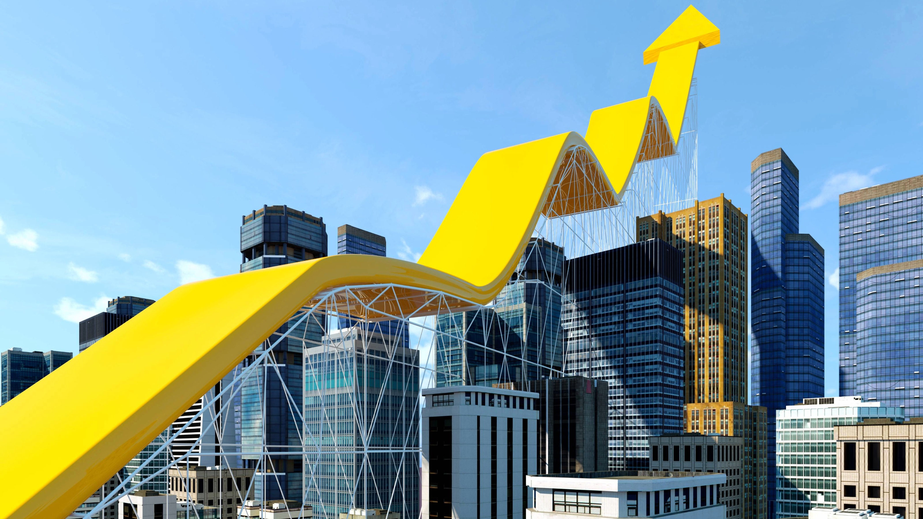 Abstract upward yellow arrow over a cityscape representing urban real estate growth and financial appreciation.