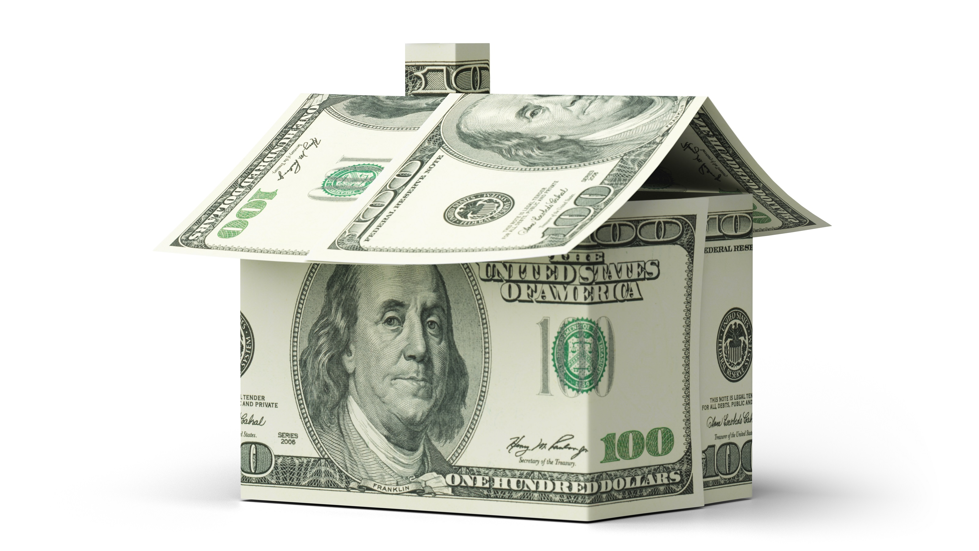 Hundred-dollar bills folded into the shape of a house.