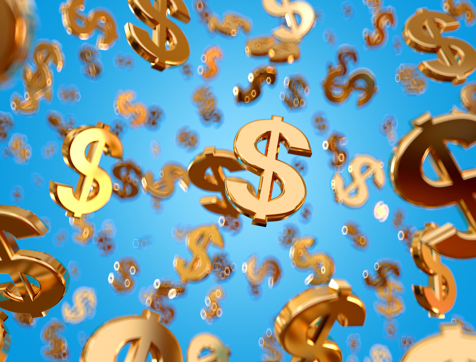 Symbolic gold dollar signs falling against a clean blue background.