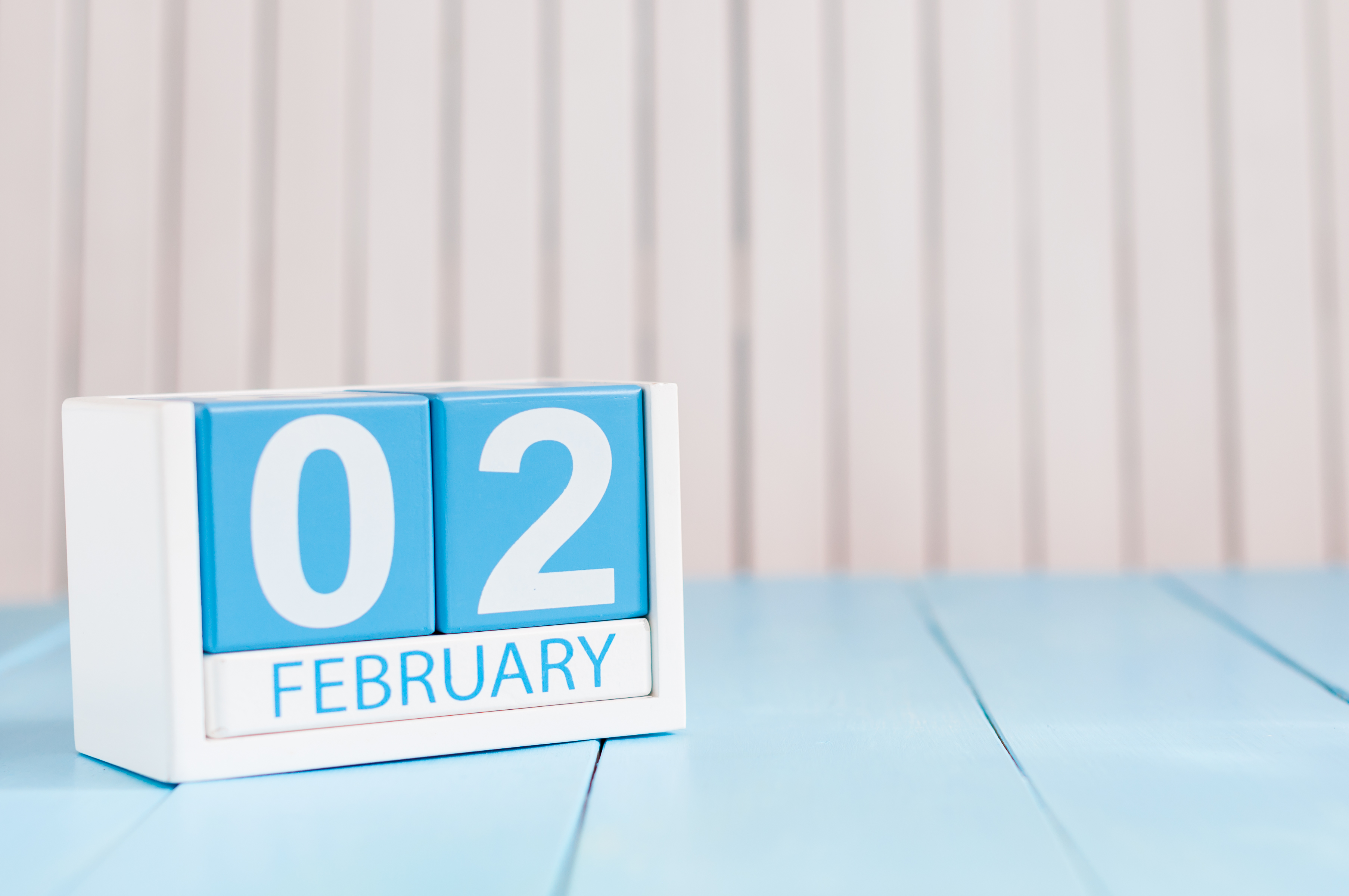 Painted blue and white wooden blocks displaying the date February 02.