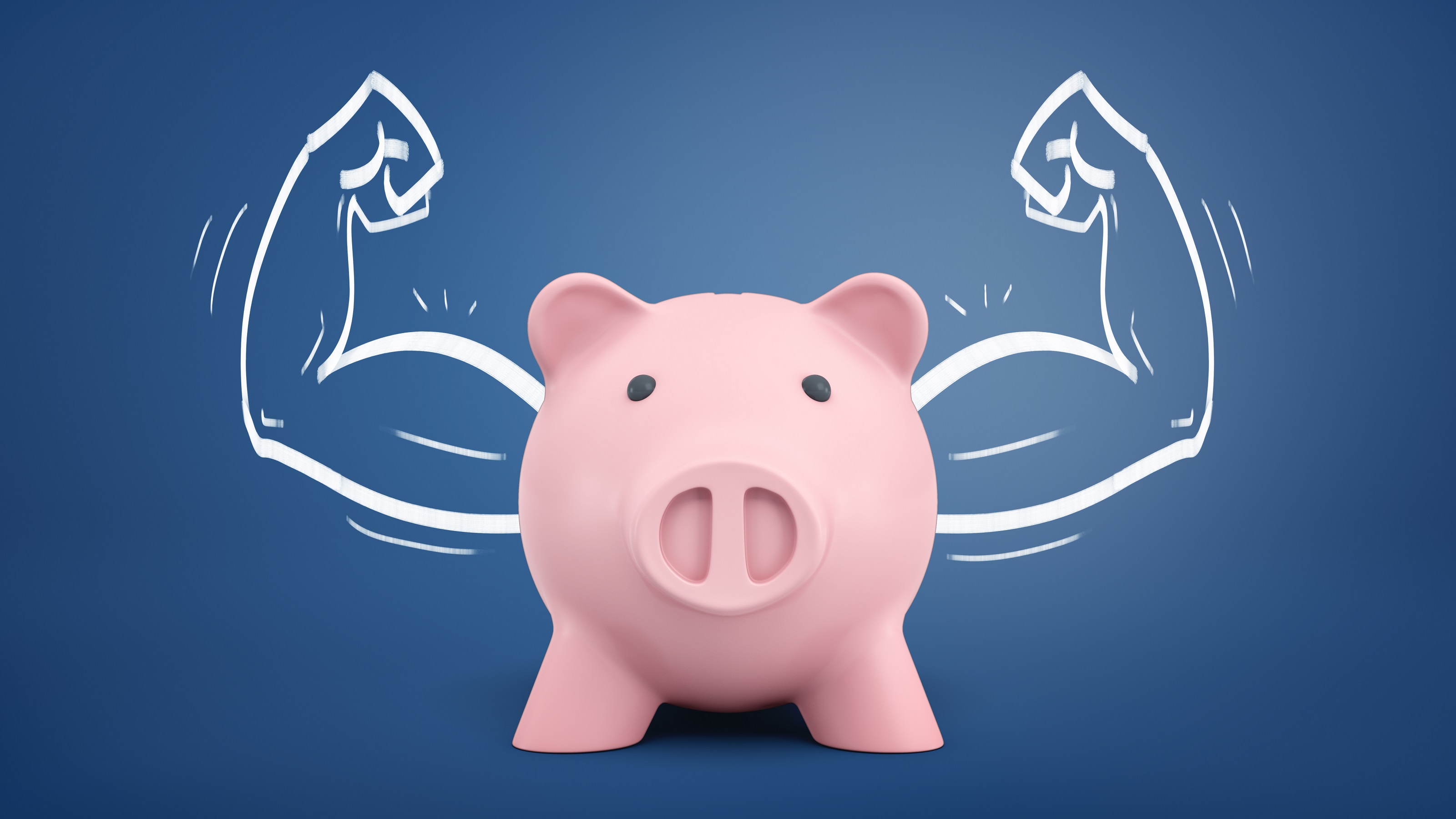 An illustration of a piggy bank with muscular arms drawn behind it on a blue background.
