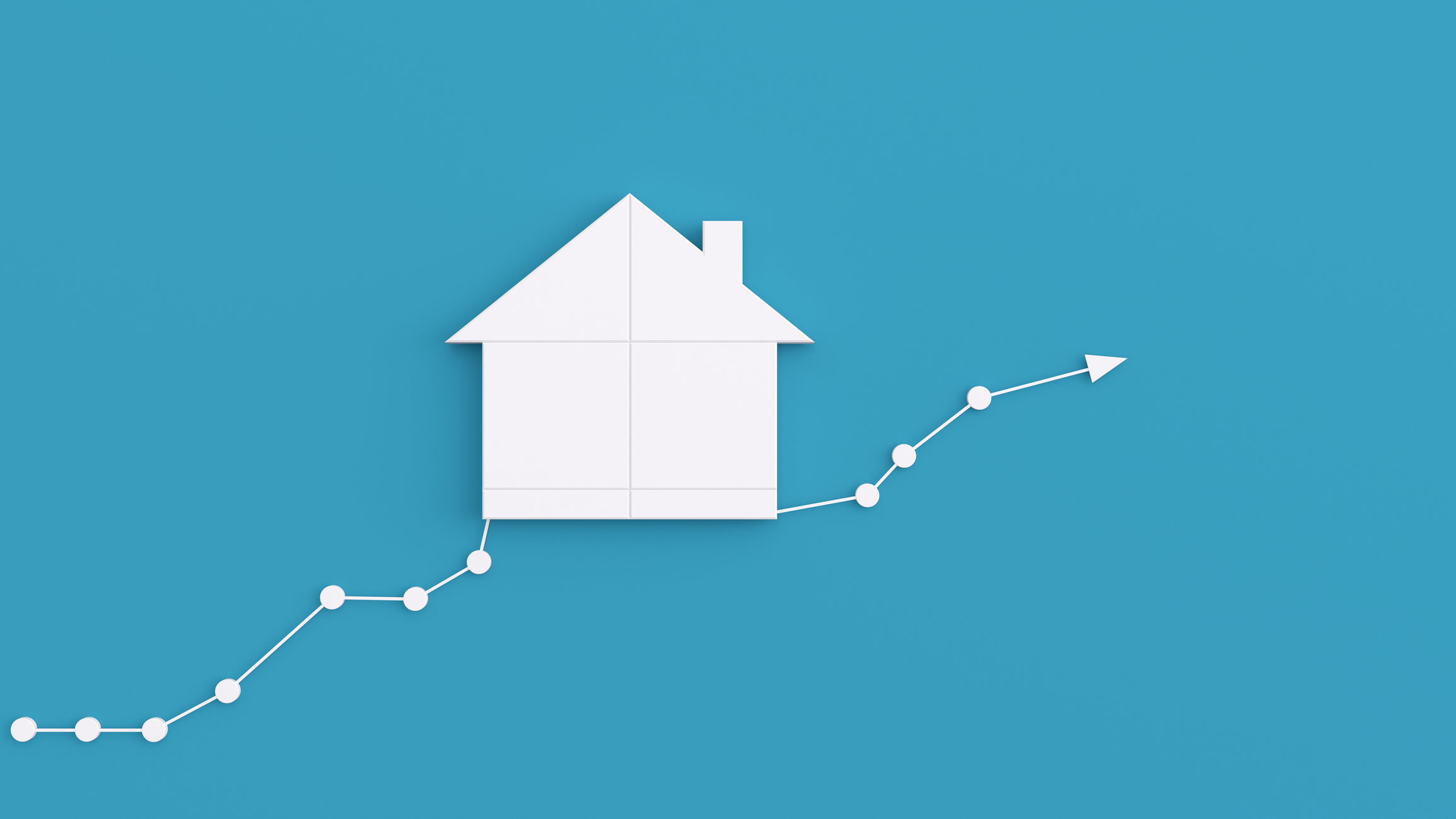 A 3D model of a white house situated atop a rising blue economic chart line.