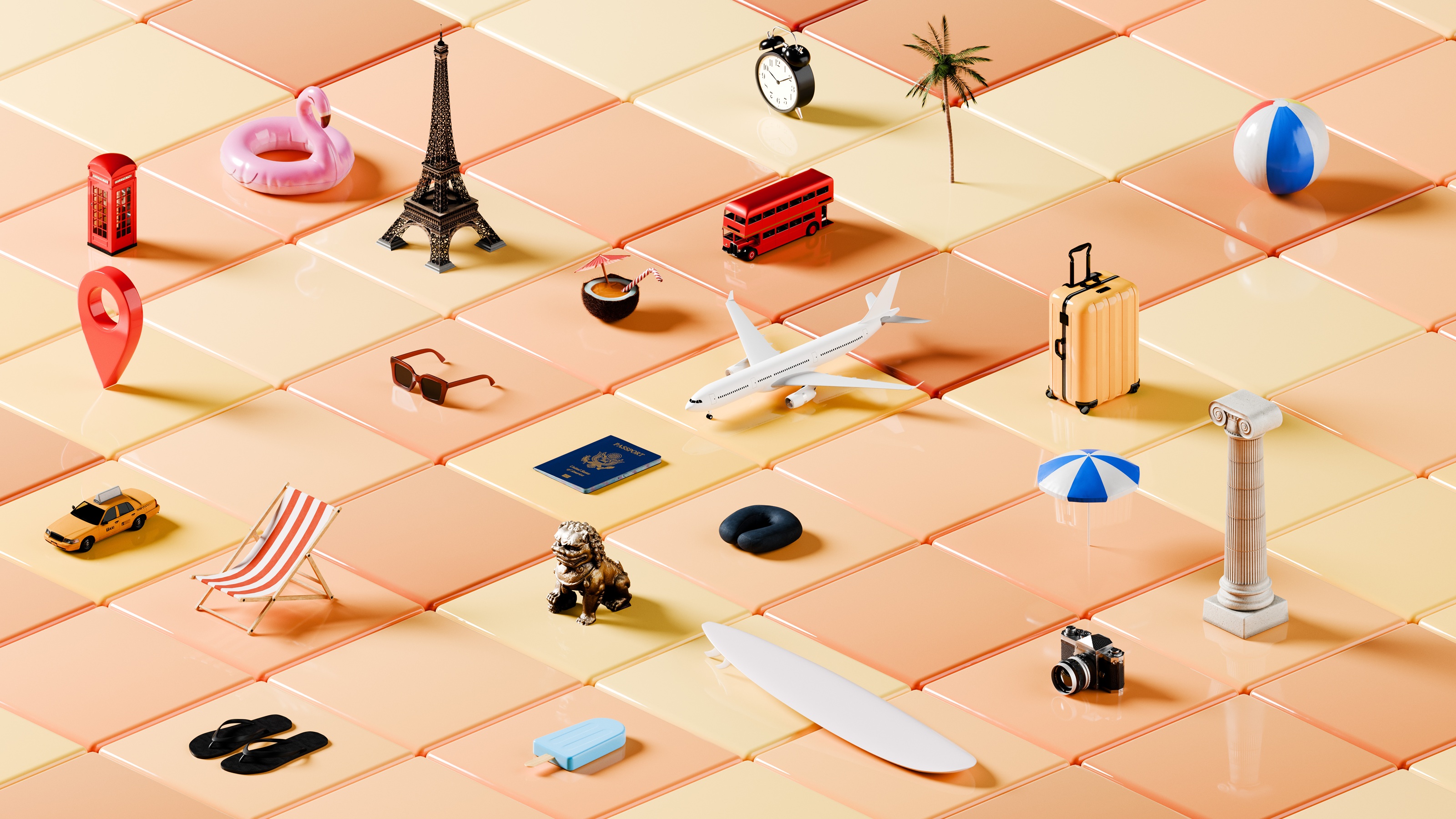 A minimalist grid featuring travel icons like the Eiffel Tower and airplanes.