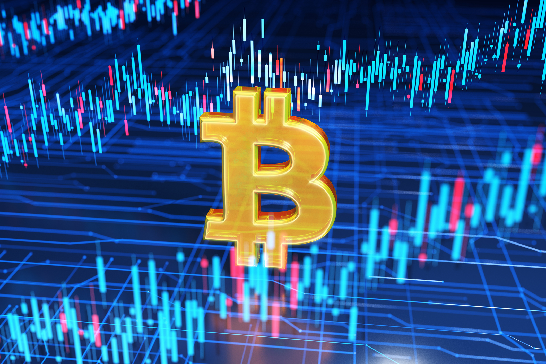 A gold-colored Bitcoin coin overlaid on a glowing neon blue motherboard circuit background.