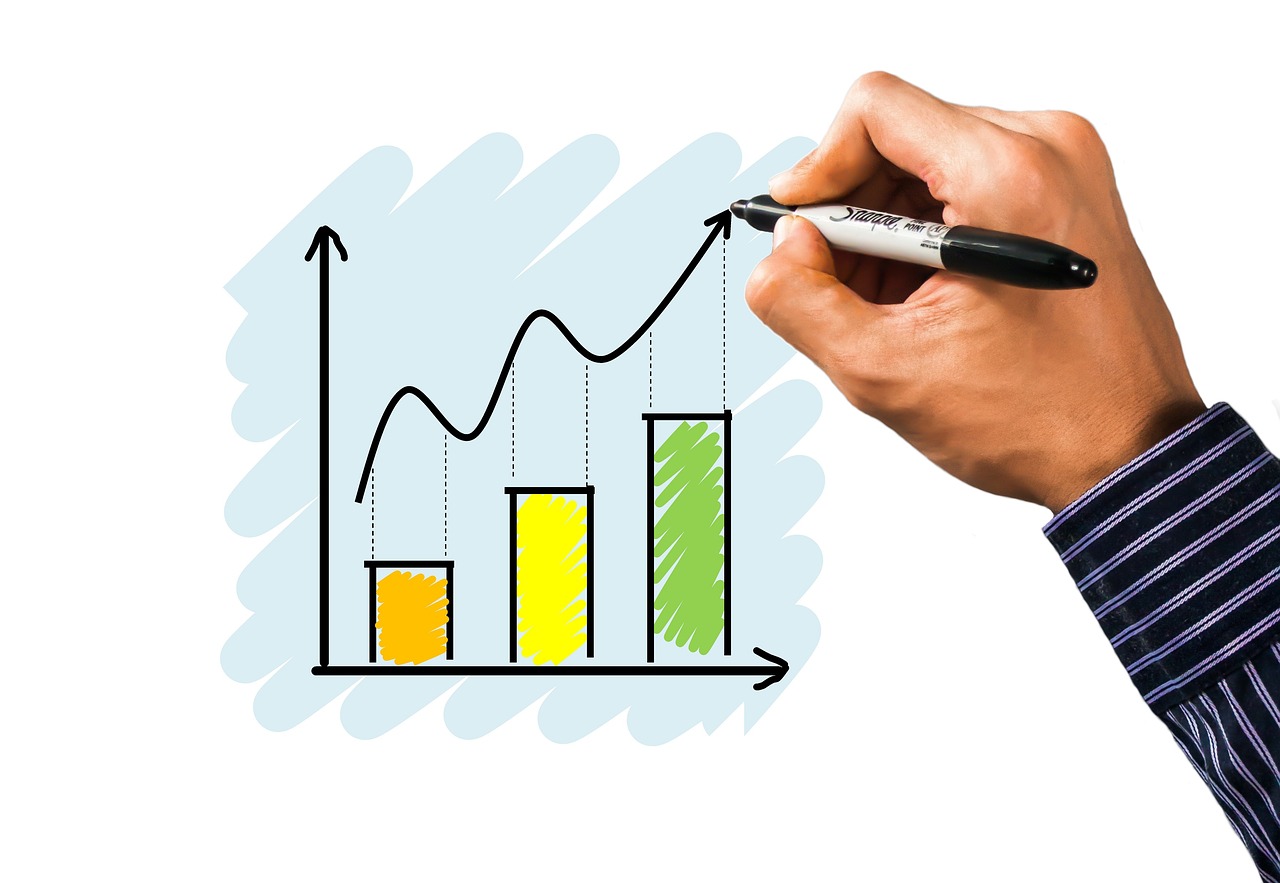 A stylized graphic showing a rising financial growth arrow against a blurred city background.